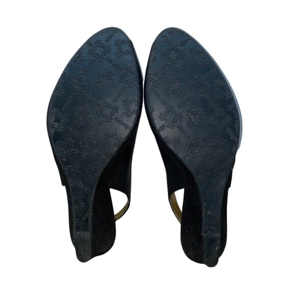 Ron White Elaine Onyx Black Geo Embossed Suede Peep Toe Slingback Wedges Size 40 - Picture 8 of 9